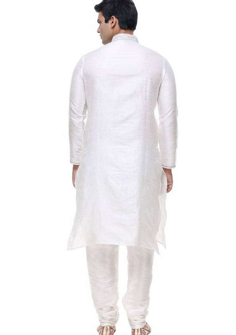Off White Embroidered Art Silk Blend Kurta Set For Men - Indya