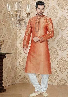 Orange Embroidered Art Silk Kurta Set For Men