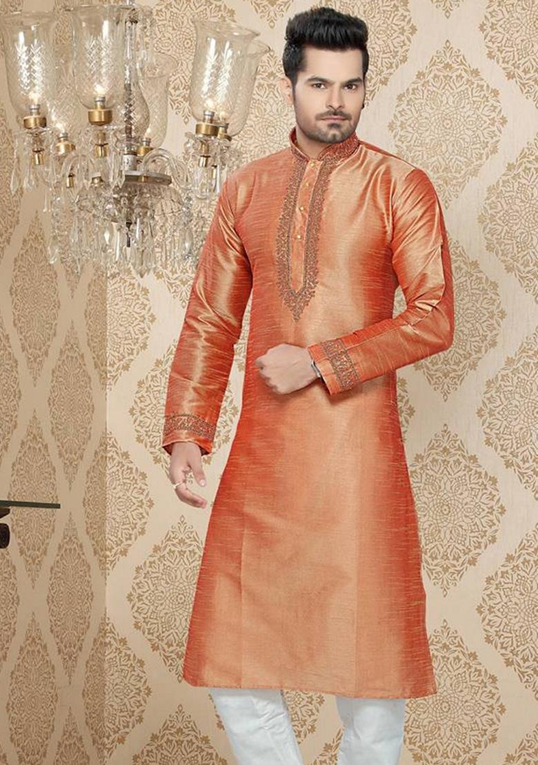 Orange Embroidered Art Silk Kurta Set For Men