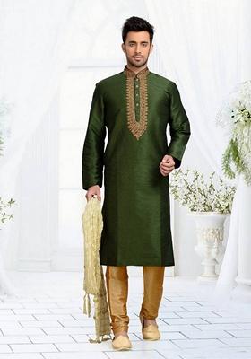 Mehendi Green Embroidered Art Silk Kurta Set For Men