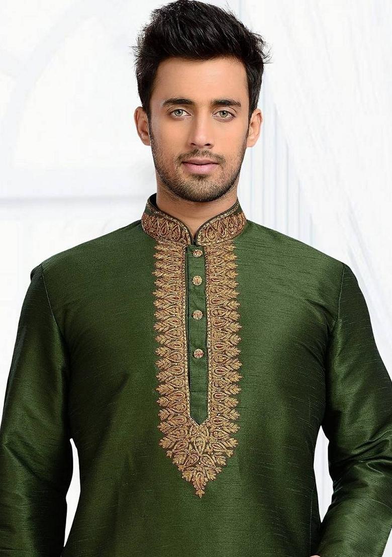 Mehendi Green Embroidered Art Silk Kurta Set For Men