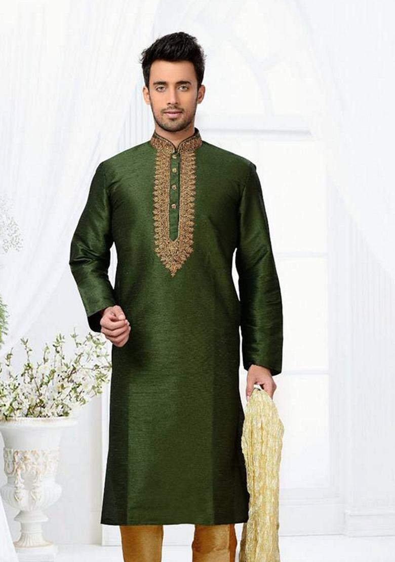 Mehendi Green Embroidered Art Silk Kurta Set For Men