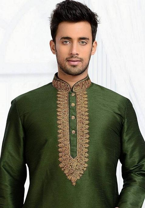 Mehendi Green Embroidered Art Silk Kurta Set For Men