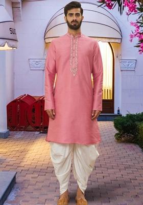Pink Embroidered Art Silk Kurta Set For Men