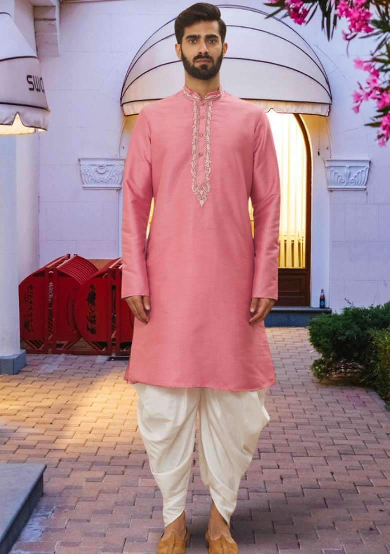 Pink Embroidered Art Silk Blend Kurta Set For Men - Indya