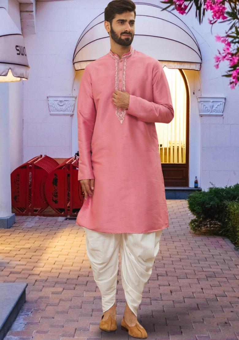 Pink Embroidered Art Silk Kurta Set For Men
