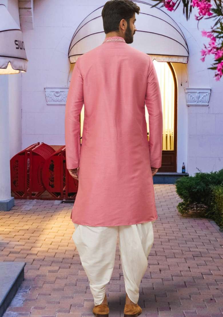 Pink Embroidered Art Silk Blend Kurta Set For Men - Indya