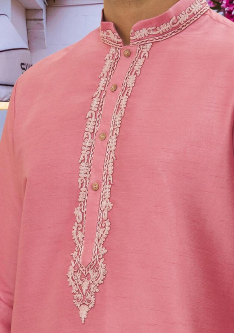 Pink Embroidered Art Silk Kurta Set For Men