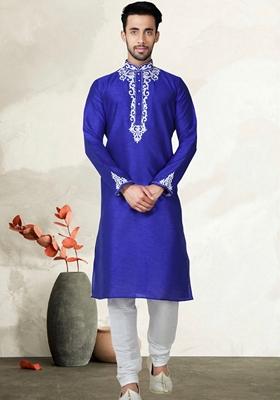 Blue Embroidered Art Silk Kurta Set For Men