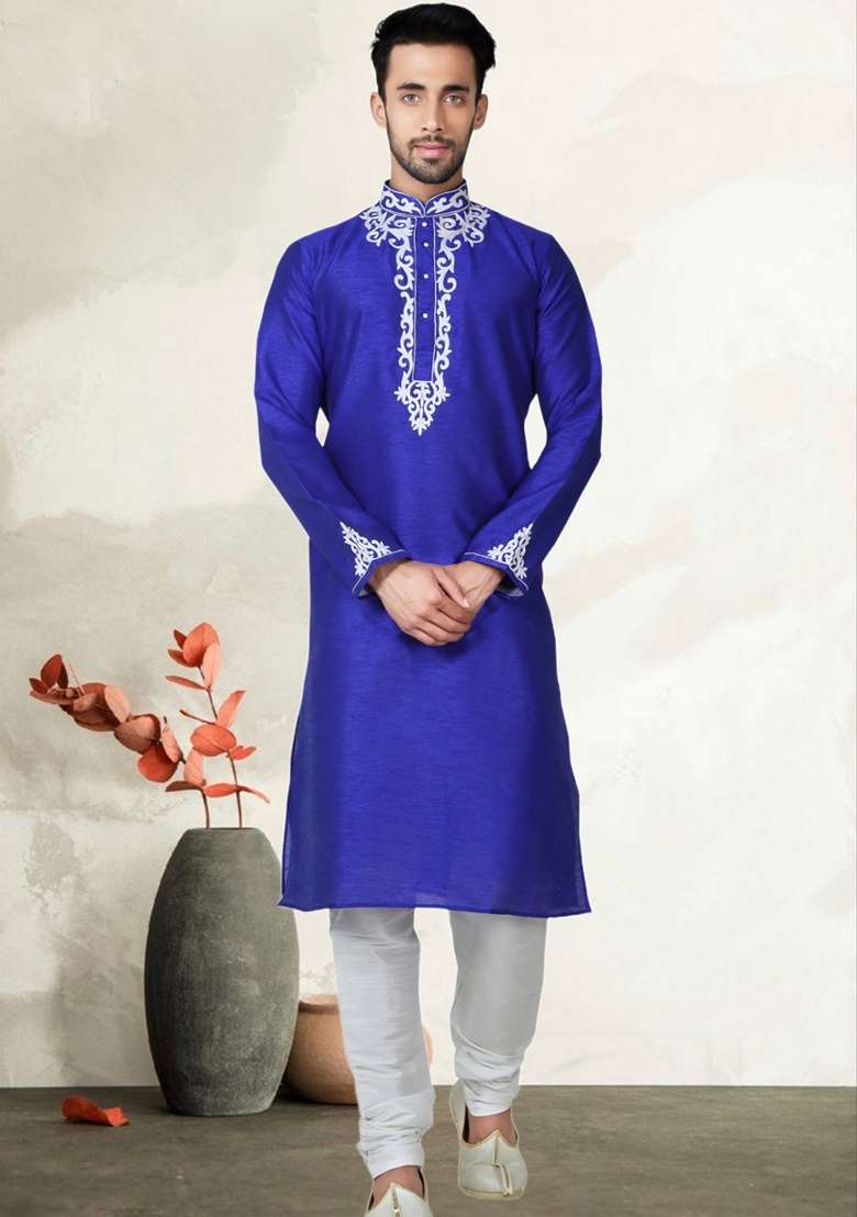 Blue Embroidered Art Silk Blend Kurta Set For Men - Indya