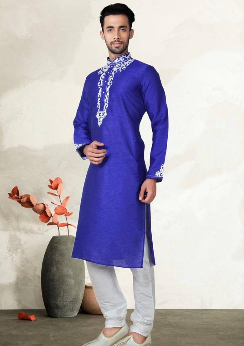 Blue Embroidered Art Silk Kurta Set For Men