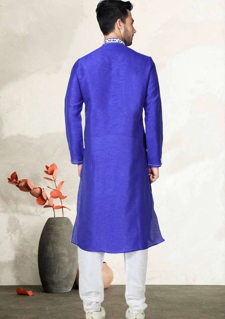 Blue Embroidered Art Silk Blend Kurta Set For Men - Indya