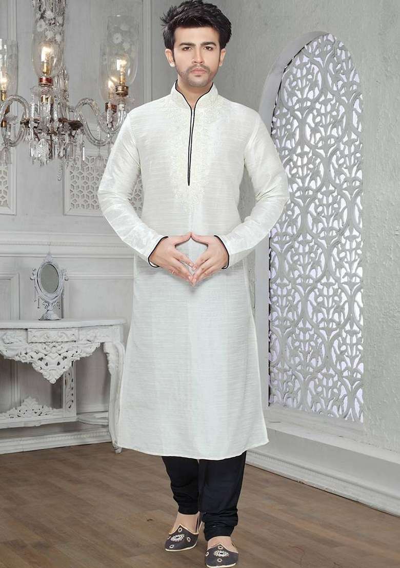 Off White Embroidered Art Silk Blend Kurta Set For Men - Indya