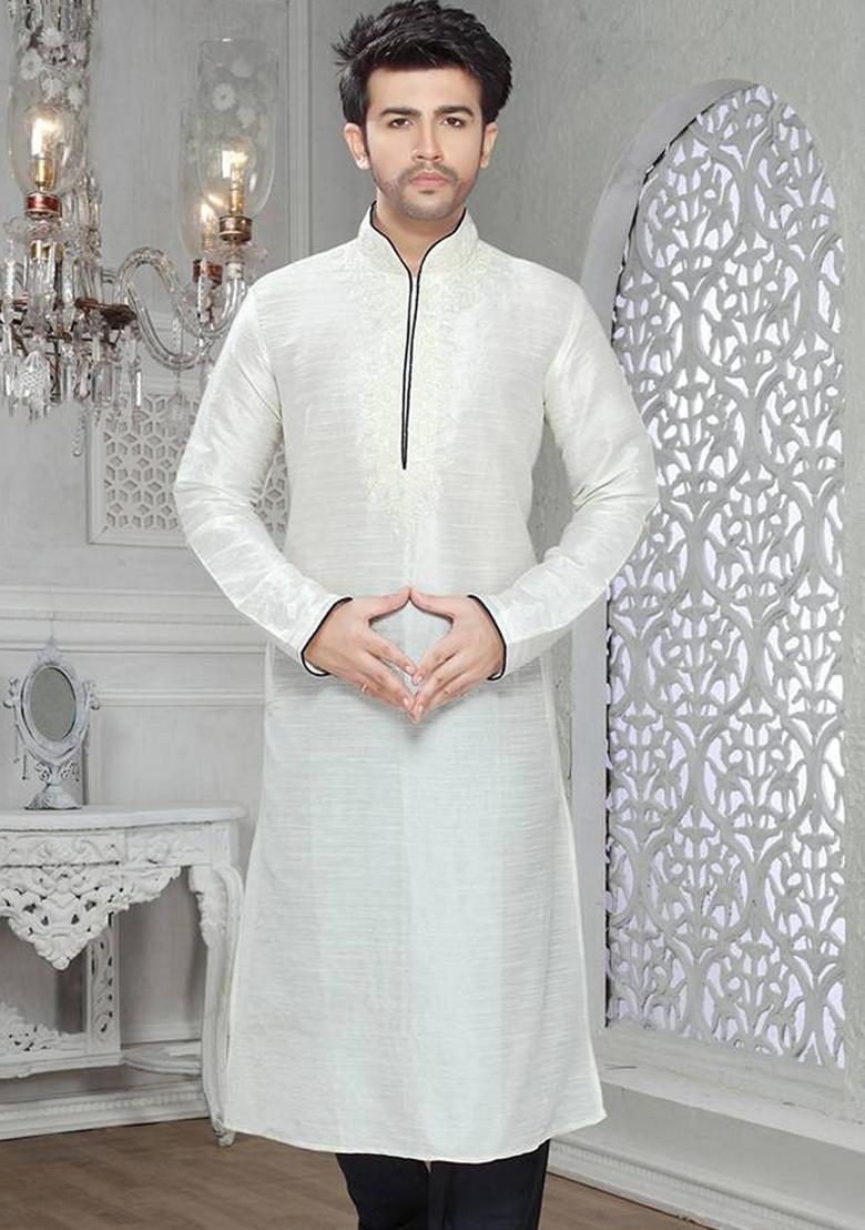 Off White Embroidered Art Silk Kurta Set For Men