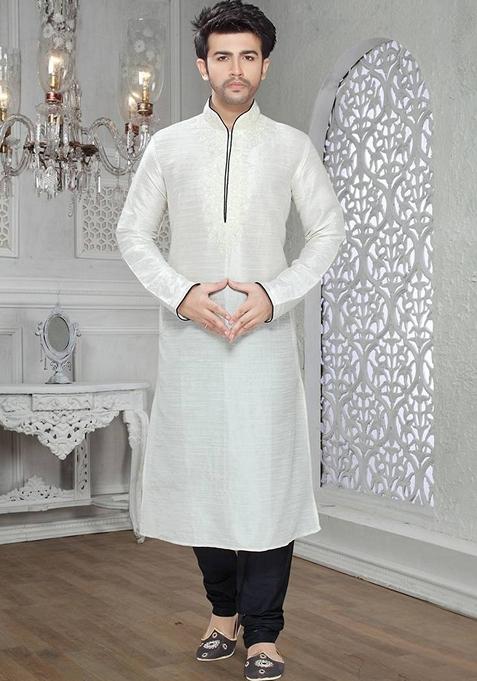 Off White Embroidered Art Silk Kurta Set For Men