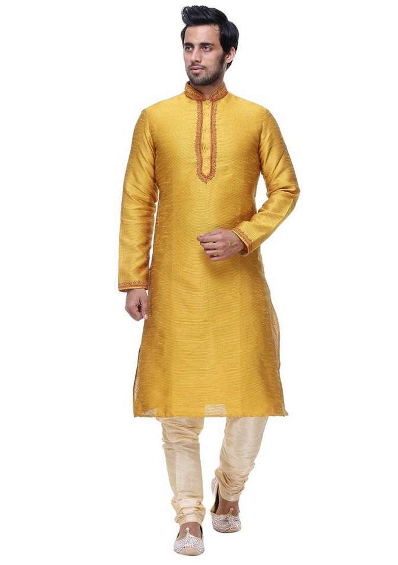 Yellow Embroidered Art Silk Blend Kurta Set For Men - Indya