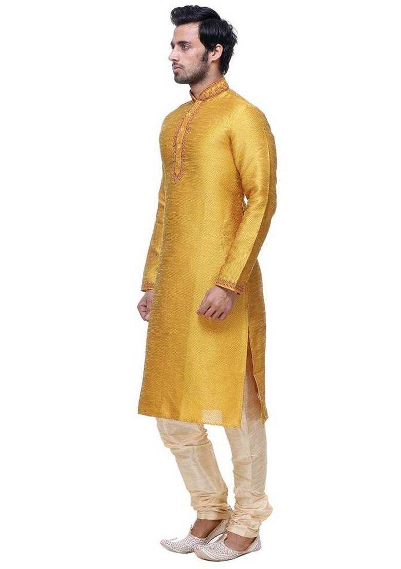Yellow Embroidered Art Silk Kurta Set For Men