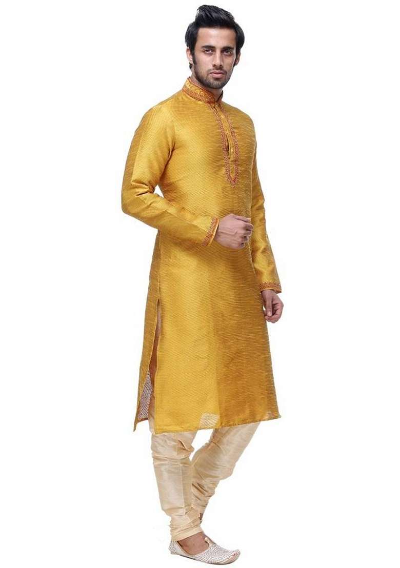 Yellow Embroidered Art Silk Blend Kurta Set For Men - Indya