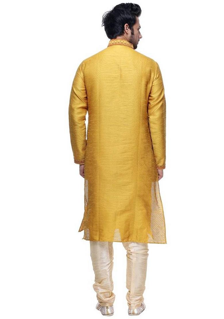 Yellow Embroidered Art Silk Kurta Set For Men