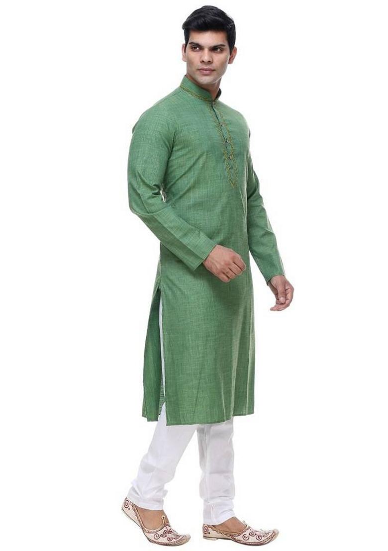 Green Embroidered Cotton Kurta Set For Men