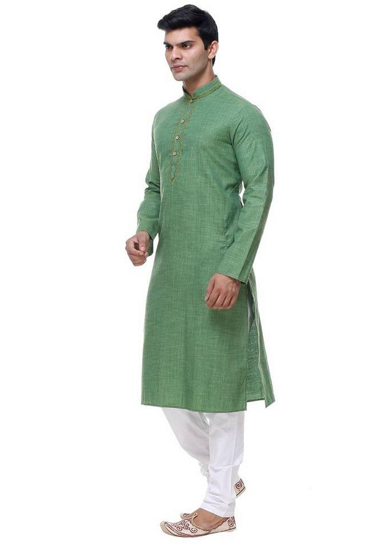Green Embroidered Cotton Kurta Set For Men
