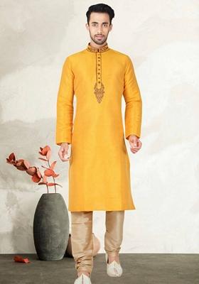 Yellow Embroidered Cotton Kurta Set For Men