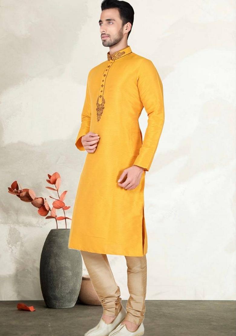 Yellow Embroidered Cotton Kurta Set For Men