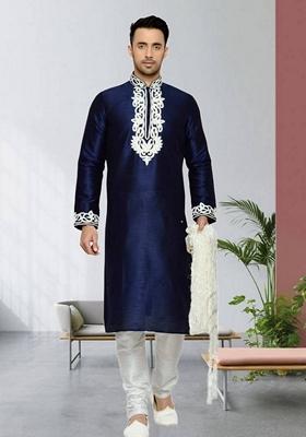 Navy Blue Embroidered Art Silk Kurta Set For Men