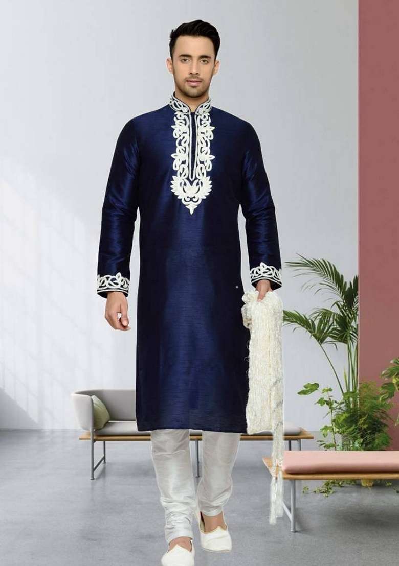 Navy Blue Embroidered Art Silk Blend Kurta Set For Men - Indya