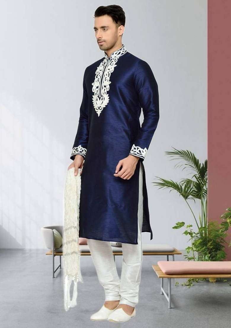 Navy Blue Embroidered Art Silk Blend Kurta Set For Men - Indya