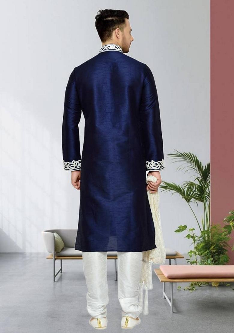 Navy Blue Embroidered Art Silk Kurta Set For Men