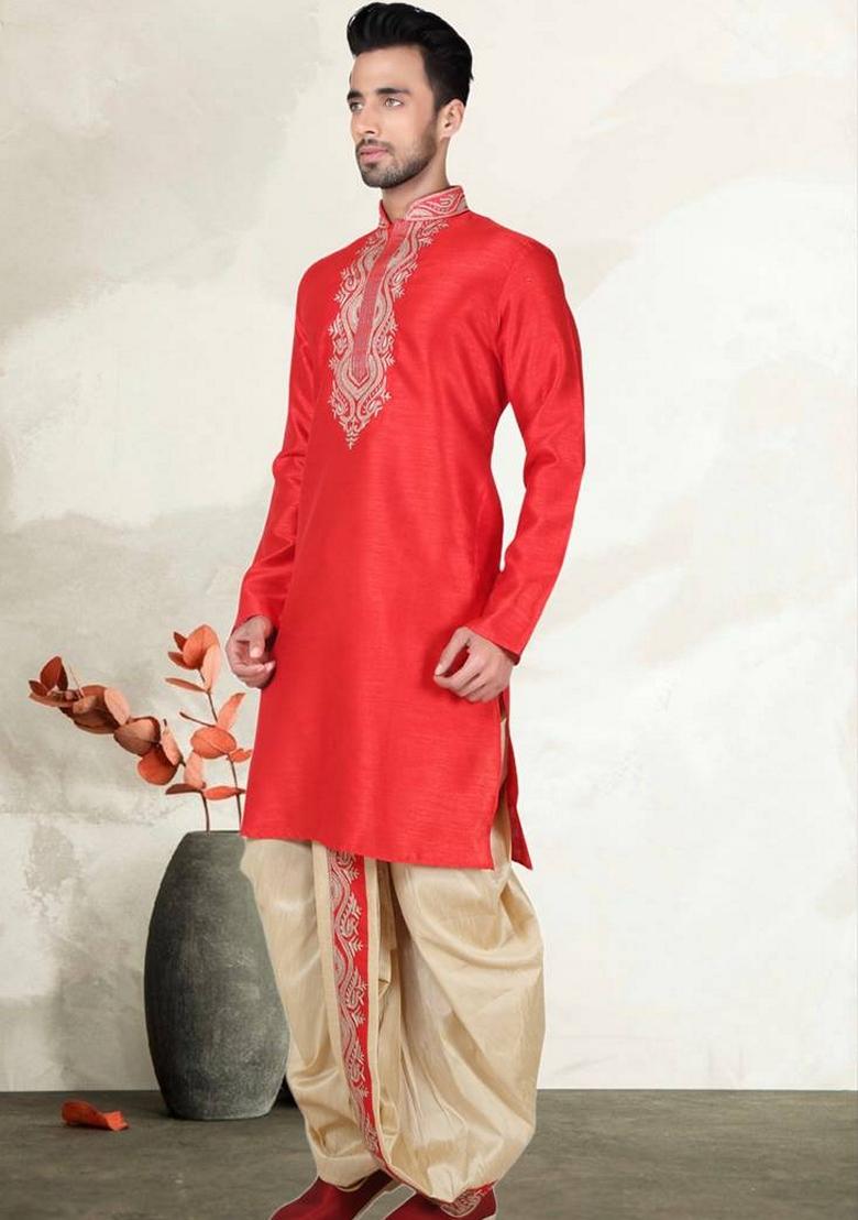 Red Embroidered Art Silk Kurta Set For Men