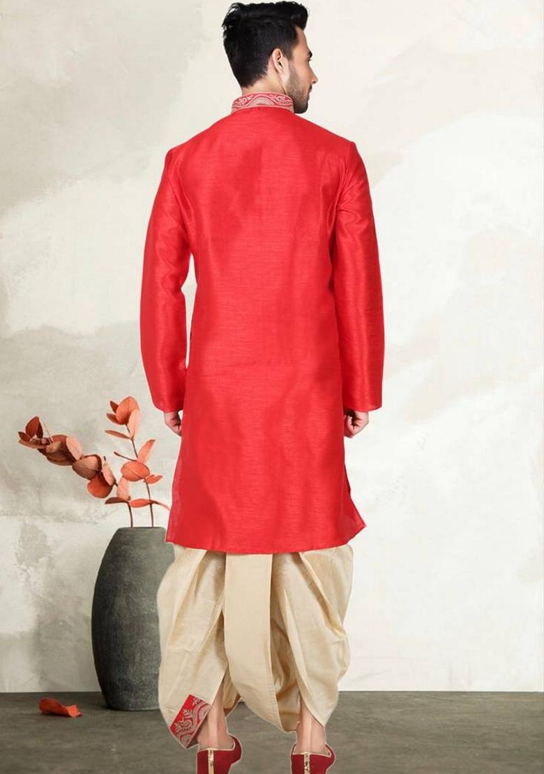 Red Embroidered Art Silk Kurta Set For Men