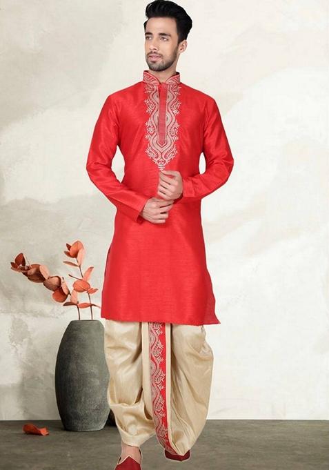 Red Embroidered Art Silk Kurta Set For Men