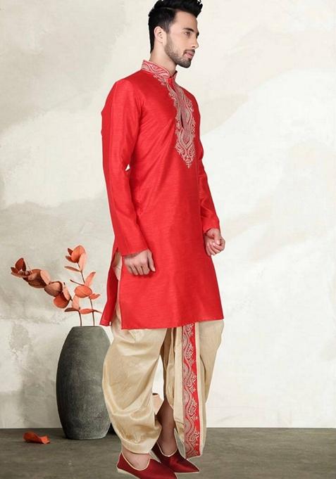 Red Embroidered Art Silk Kurta Set For Men