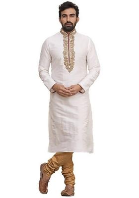 Cream Embroidered Art Silk Kurta Set For Men