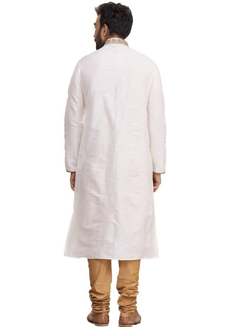 Cream Embroidered Art Silk Kurta Set For Men