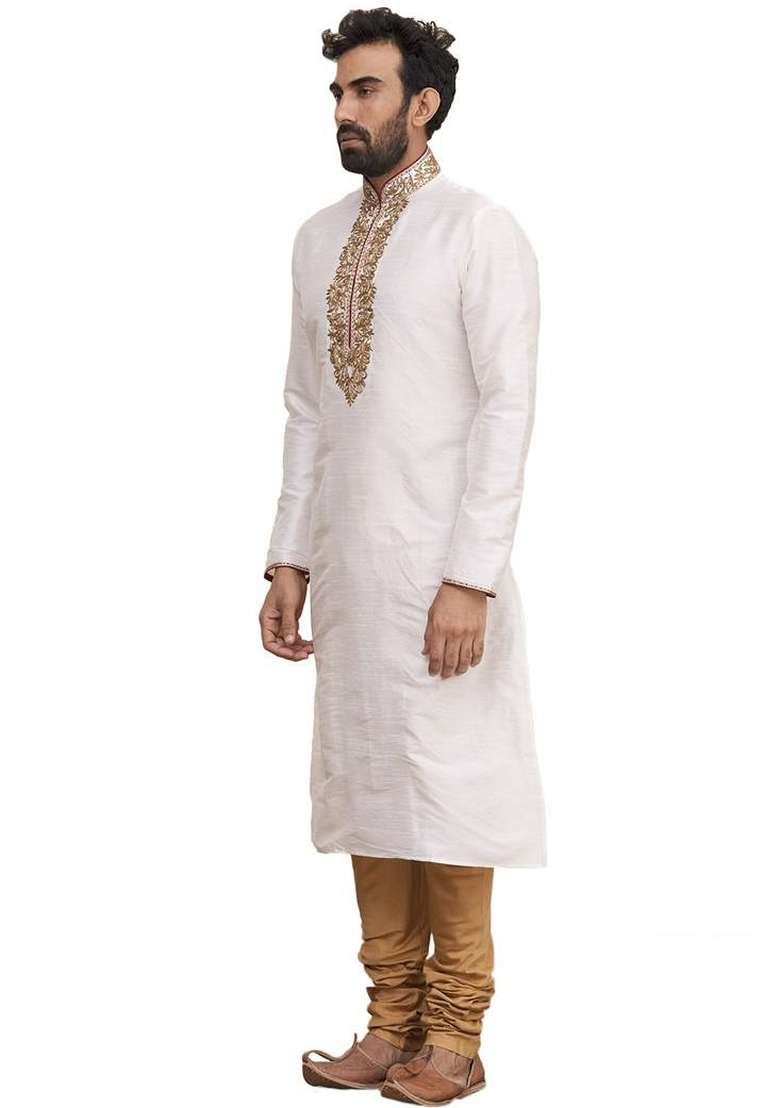 Cream Embroidered Art Silk Blend Kurta Set For Men - Indya
