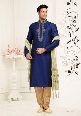 Blue Embroidered Art Silk Kurta Set For Men