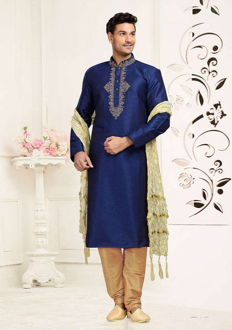 Blue Embroidered Art Silk Blend Kurta Set For Men - Indya