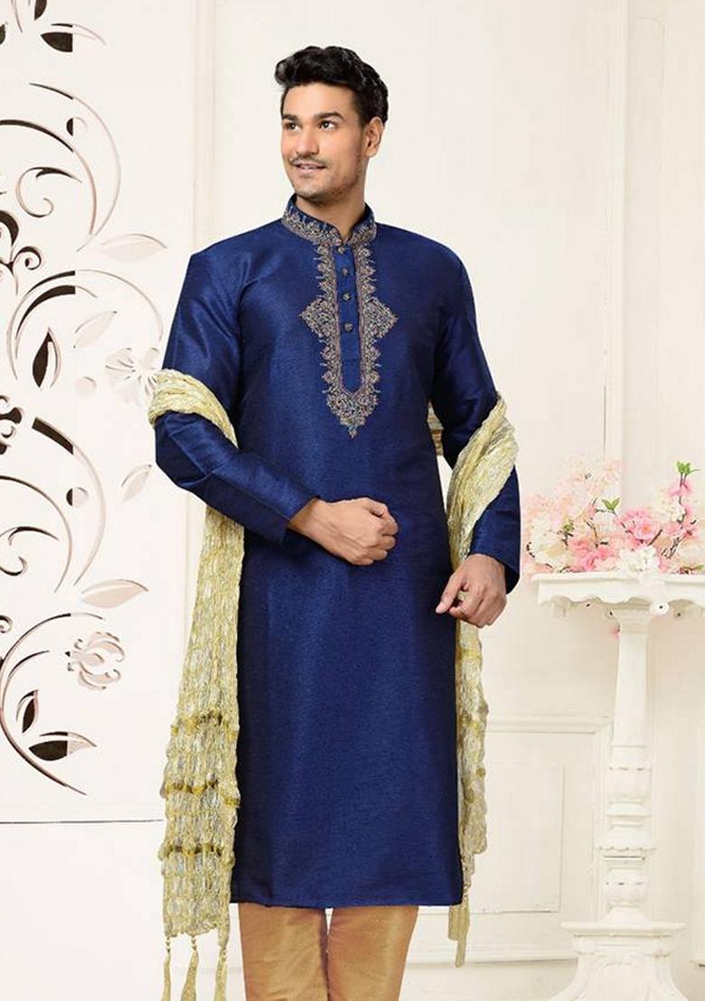 Blue Embroidered Art Silk Kurta Set For Men