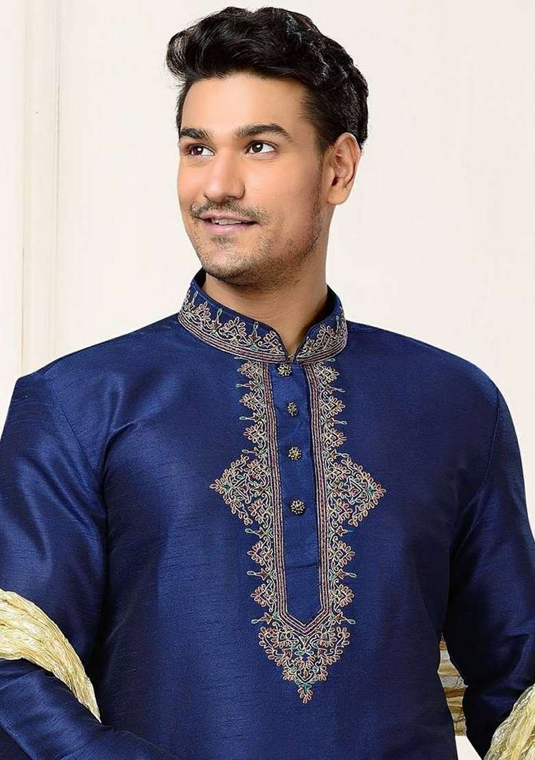 Blue Embroidered Art Silk Blend Kurta Set For Men - Indya