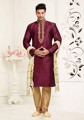 Maroon Embroidered Art Silk Kurta Set For Men