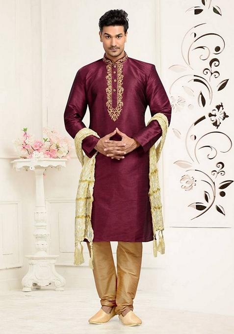 Maroon Embroidered Art Silk Kurta Set For Men
