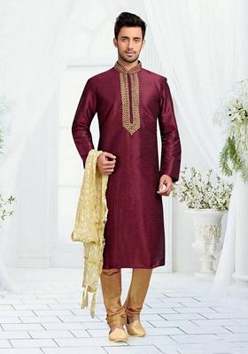 Maroon Embroidered Art Silk Kurta Set For Men