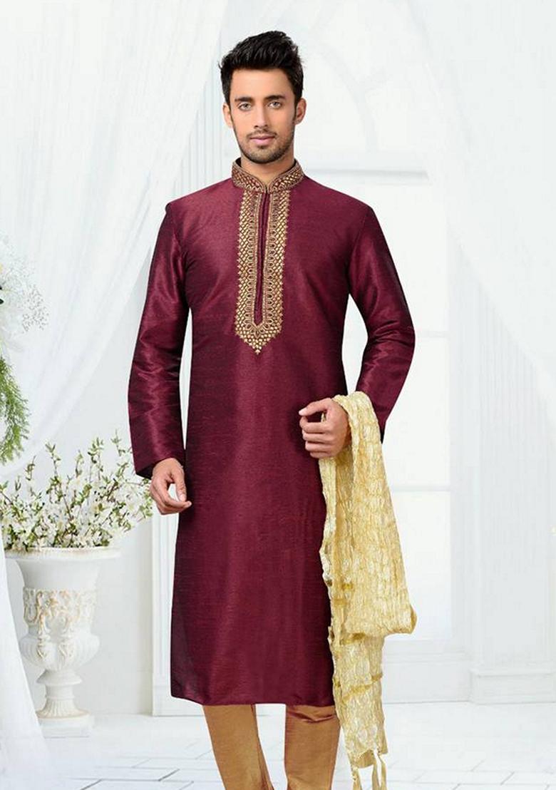 Maroon Embroidered Art Silk Kurta Set For Men