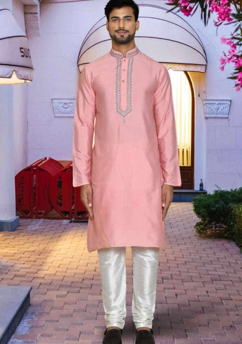 Pink Embroidered Art Silk Blend Kurta Set For Men - Indya