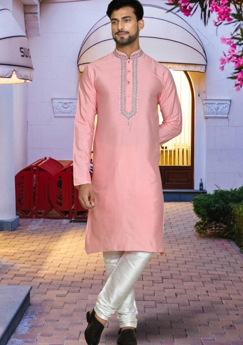 Pink Embroidered Art Silk Kurta Set For Men