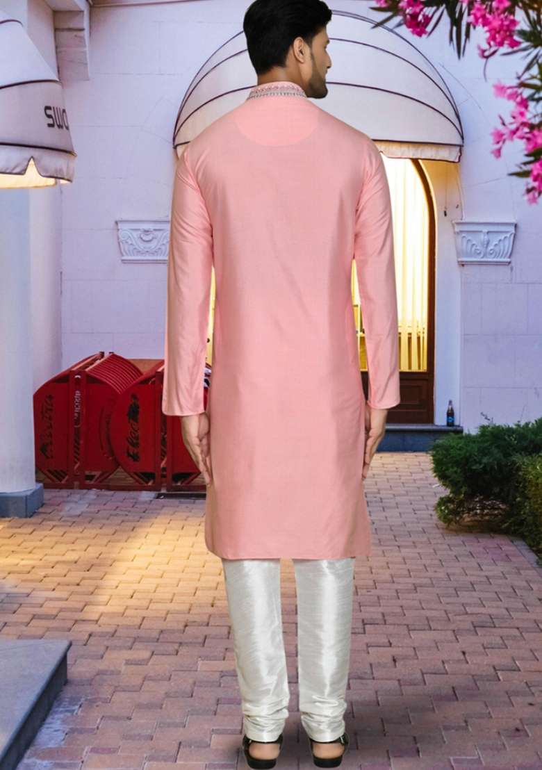 Pink Embroidered Art Silk Blend Kurta Set For Men - Indya