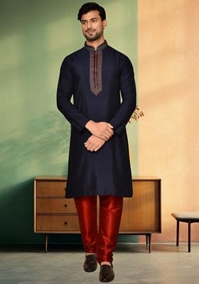 Navy Blue Embroidered Art Silk Kurta Set For Men